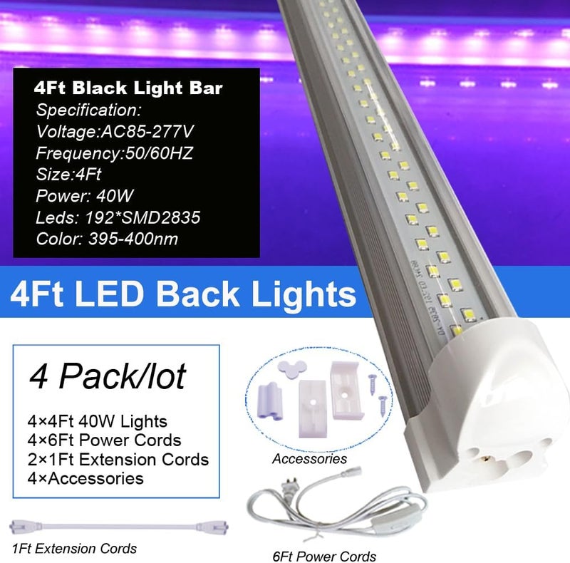 CAIKAG Linkable 4Ft Black Light Bar, LED 40W Integrated T8 Bulb Blacklight Fixture, UVA 395NM 400NM 405NM for Fluorescent Tapestry Poster Body Paint Glow Party - Image 3